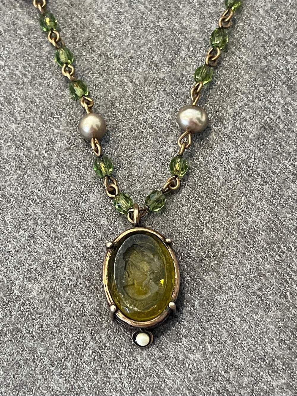 Extasia Intaglio Olive Green Glass Cameo & Pearl Necklace